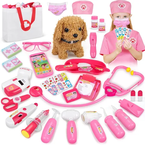 Kit de médico de mascotas de 33 piezas para niños pequeños - Disfraz de disfraz y juego de simulación de médico con juguete para perros,