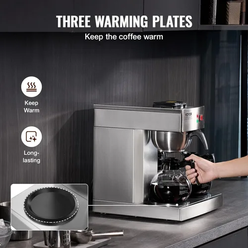 Miniatura 3 de VEVOR Cafetera de Goteo Comercial de 12 Tazas, Máquina Cafetera con 3 Jarras de Vidrio y 3 Platos Calentadores, Cafetera de Acero Inoxidable