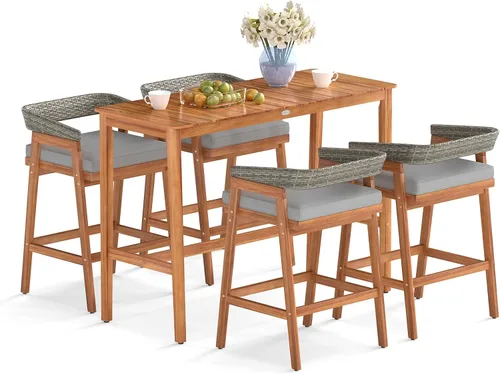Tangkula Juego de barra de patio de 5 piezas, mesa de madera de acacia para exteriores con 4 taburetes acolchados con respaldo de ratán curvado y