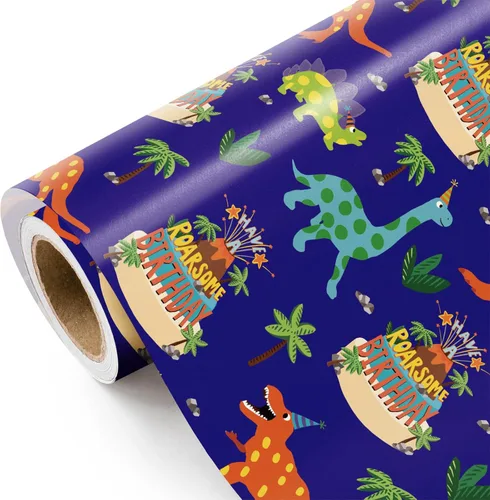 Miniatura 15 de WRAPAHOLIC - Rollo de papel de regalo de dinosaurio - Rollo mini - 17 pulgadas x 33 pies - Papel de regalo de dinosaurio verde, perfecto