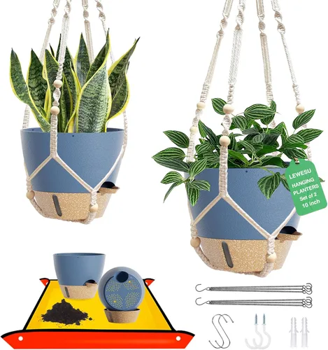 LEWESU Juego de 2 macetas colgantes para plantas de interior con autoriego, incluye macetas colgantes y 2 tipos de colgadores para plantas,