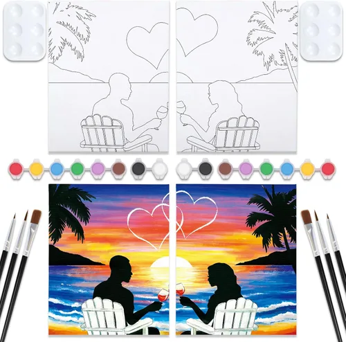 Miniatura 11 de VOCHIC Kit de pintura para sorbos y pinturas, lienzo predibujado para parejas, kit de pintura para adultos, citas, noche, atardecer, corazón