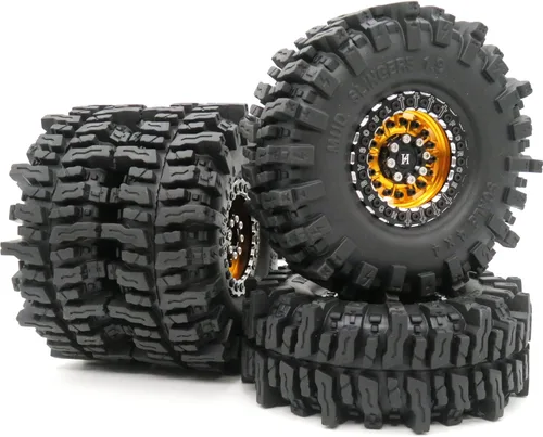 HOBBYSOUL Neumáticos 1.9 de 4.72 pulgadas/4.724 in y ruedas de aluminio 1.9 Beadlock dorado negro para camión oruga 1/10, Axial, SCX10, Traxxas,
