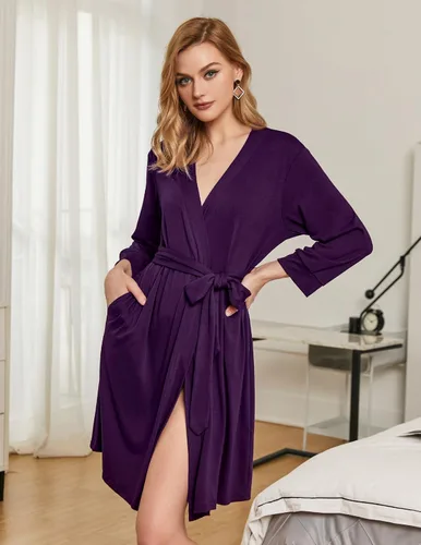 Miniatura 2 de HOTOUCH Bata de algodón ligera para mujer, bata de baño de punto corta, suave, ropa de dormir con bolsillos