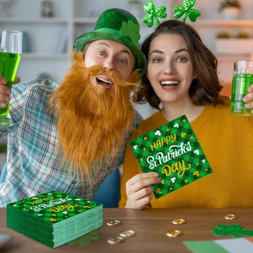 Miniatura 6 de Whaline 80 servilletas de papel con texto en inglés «Happy St. Patrick's Day» de búfalo verde irlandés, servilletas desechables decorativas