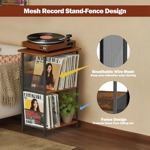 Miniatura 7 de Soporte para tocadiscos, soporte para discos de vinilo de 3 niveles, soporte giratorio con 2 separadores y 4 pies ajustables, mesa para tocadiscos
