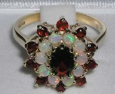 Miniatura 4 de LetsBuyGold Anillo de oro amarillo de 14 quilates auténtico granate y ópalo para mujer