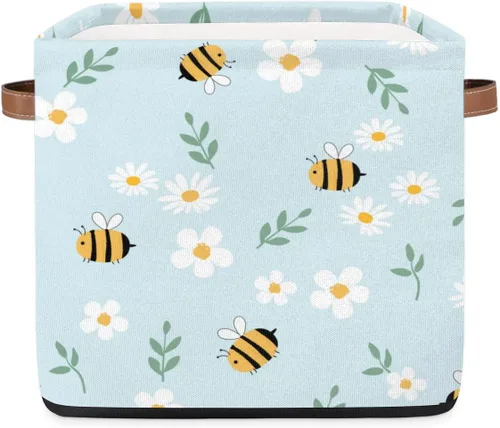 Cesta de almacenamiento plegable de tela con diseño de margaritas de abejas de dibujos animados, 13 x 13 x 13 pulgadas, cubos cuadrados con asas