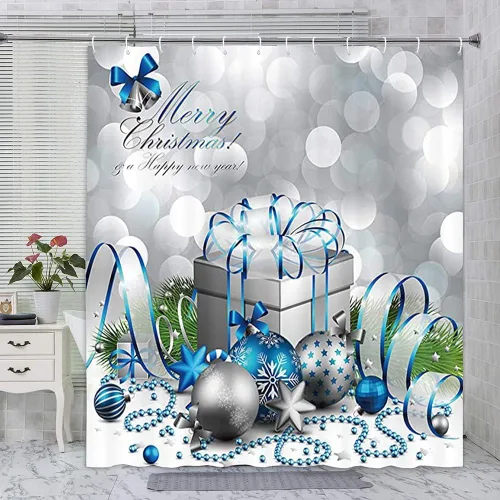 Miniatura 9 de DYNH Cortina de ducha navideña, feliz Navidad, bola y caja de Navidad plateada y azul para cortinas de baño de Año Nuevo, cortina de ducha de tela