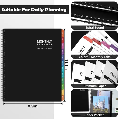 Miniatura 2 de 2027 Monthly Planner, Jan 2027 - Dec 2027, 9" x 11", 12-Month Calendar Planner with Inner Pocket and Colorful Monthly Tabs, Ideal for School and Work