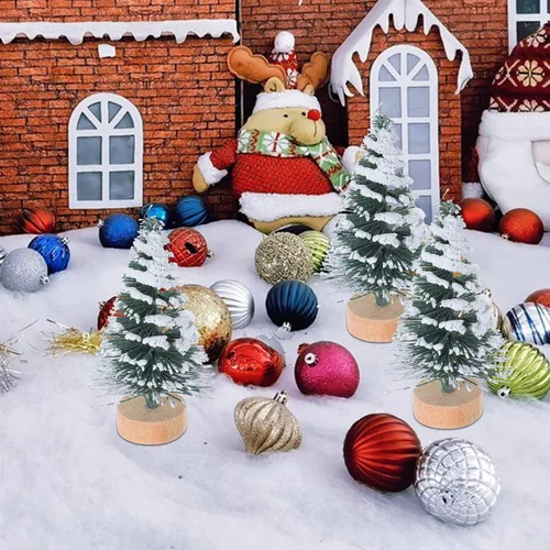 Miniatura 3 de SEWACC 10 mini árboles de Navidad de 2.0 in, botella de escarcha de nieve artificial con base de madera, adornos de nieve de invierno para Navidad