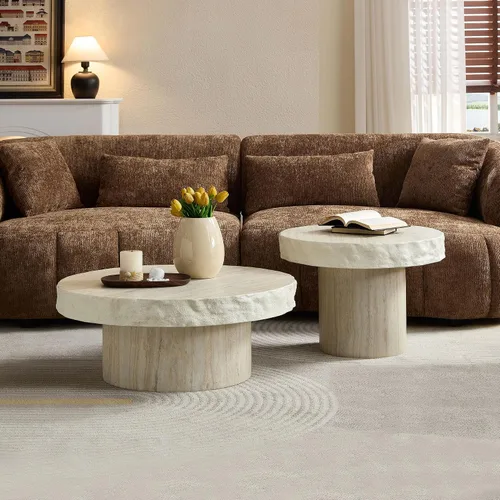 Miniatura 20 de Ø35.43'' Mesa de café redonda para sala de estar, moderna mesa de café en forma de tambor, material de fibra de vidrio, sin ensamblaje, beige