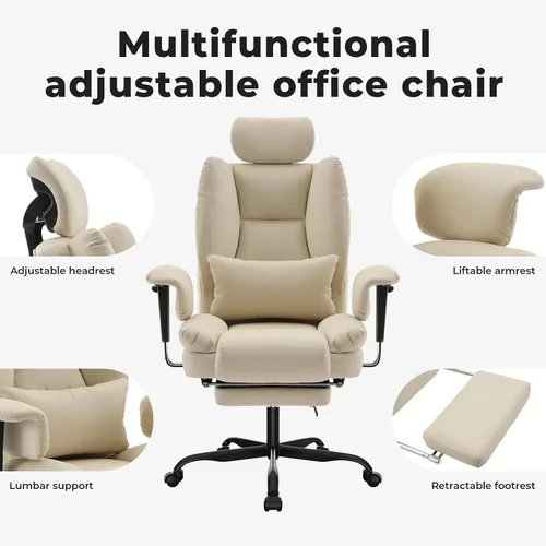 Miniatura 5 de Silla de oficina grande y alta, silla de computadora de piel sintética con soporte lumbar y respaldo alto, silla de juegos de cuero con reposapiés
