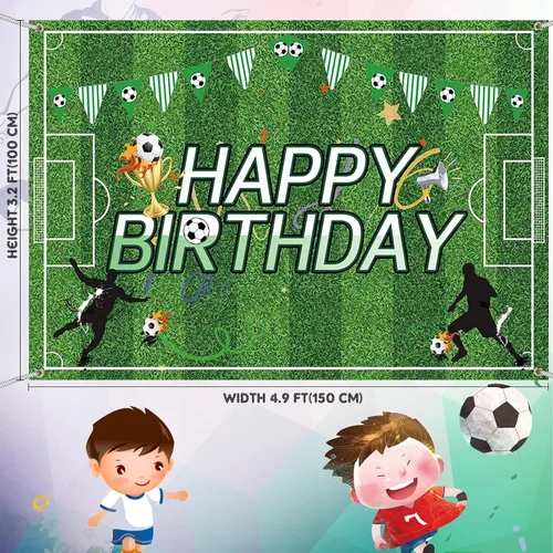 Miniatura 3 de Irenare 2 piezas de decoración de fiesta de cumpleaños de fútbol de 5 x 3 pulgadas, telón de fondo de fútbol de feliz cumpleaños de 108 x 54