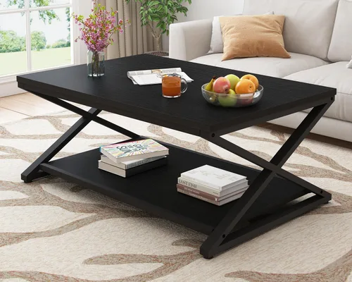 Miniatura 3 de HSH Mesa de sala de estar de madera de metal minimalista moderna negra con estante de almacenamiento, mesa central rectangular de 39 pulgadas y 2
