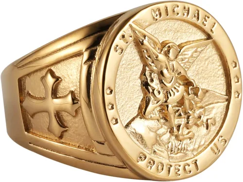 Miniatura 2 de HZMAN - Anillo de San Miguel El Gran Arcángel protector derrotando a Satanás estatuilla de acero inoxidable