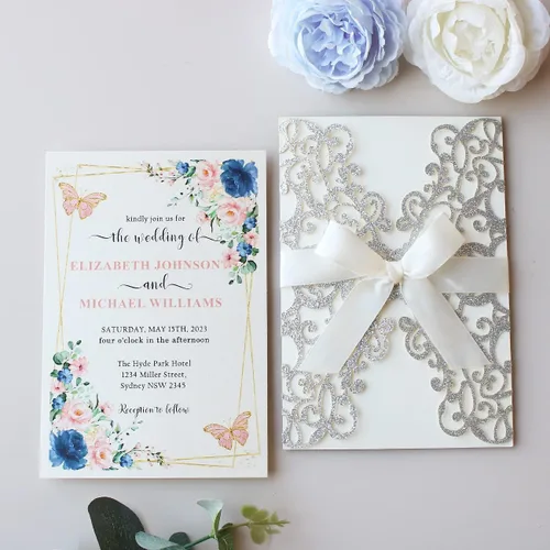 Miniatura 3 de 50 kits de invitación de boda con purpurina plateada de 5.12 x 7.28 pulgadas, cortadas con láser, tarjetas de invitaciones de bolsillo floral hueco