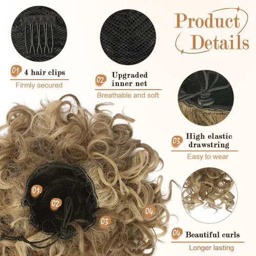 Miniatura 3 de PEACOCO Extension de Moño Desordenado de Cola de Caballo Corta y Rizada Elástica con Cordón y Suelta para Mujeres con Cabello Fino de Fibra Rubio