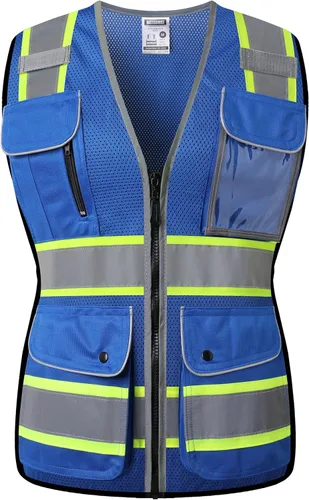 Miniatura 8 de Chaleco de seguridad reflectante para mujer, chaleco de malla de alta visibilidad con 8 bolsillos y cremallera frontal, chaleco de alta visibilidad