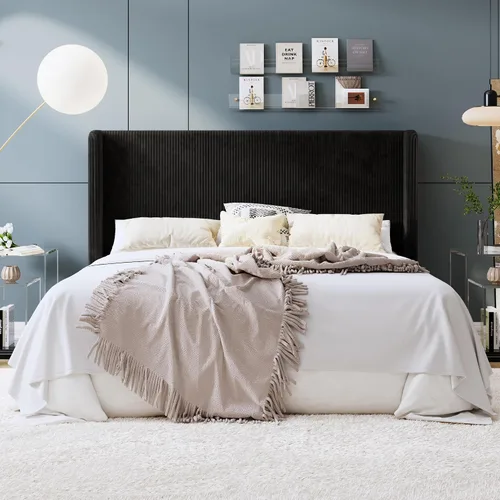 Miniatura 24 de SHA CERLIN - Base de cama tamaño Full tapizada en pana con plataforma y cabecera acolchada con diseño acanalado vertical estilo wingback, 8