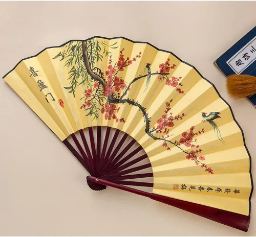 Miniatura 5 de Fox Baby Abanico de mano plegable, 13 pulgadas de tela de bambú grandes ventiladores de mano con pintura tradicional china para decoraciones