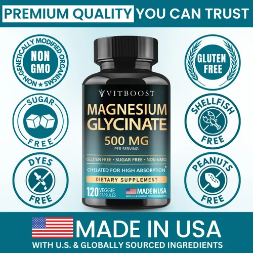 Miniatura 3 de VITBOOST Glicinato de magnesio 500 mg – Suplemento quelado de alta absorción – Apoya el sueño, la recuperación muscular y la salud del corazón – Sin