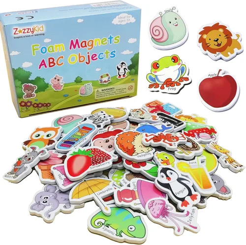 ZazzyKid Objetos de espuma magnética para niños: 52 juguetes del alfabeto ABC para bebés de educación temprana imanes de nevera