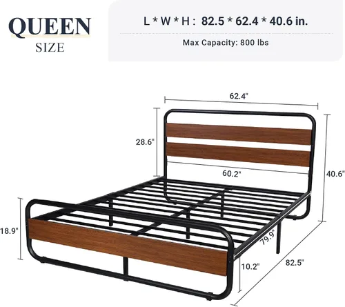 Miniatura 2 de Allewie Base de cama de metal tamaño Queen con cabecero y estribo de madera curvos, plataforma de hierro resistente con almacenamiento debajo