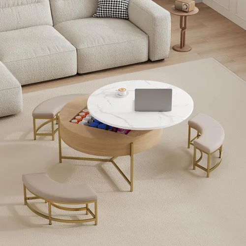 Miniatura 17 de Mesa de café redonda, mesa de café moderna de 31.5" con 2 cajones grandes de almacenamiento, tapa de mesa con patrón de mármol, mesa central