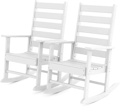 Miniatura 13 de GREENVINES Juego de 2 sillas mecedoras para exteriores Plástico HDPE Mecedoras de patio Silla mecedora de porche Coctelera De gran