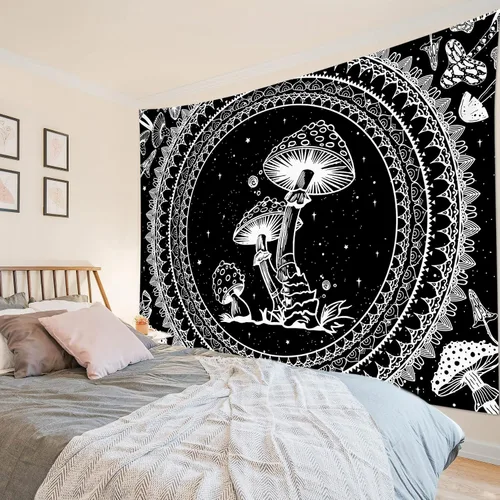 Miniatura 4 de SCECALA Tapiz bohemio de hongos, mandala blanco y negro para colgar en la pared para dormitorio, decoración bohemia del hogar, 60 x 40 pulgadas