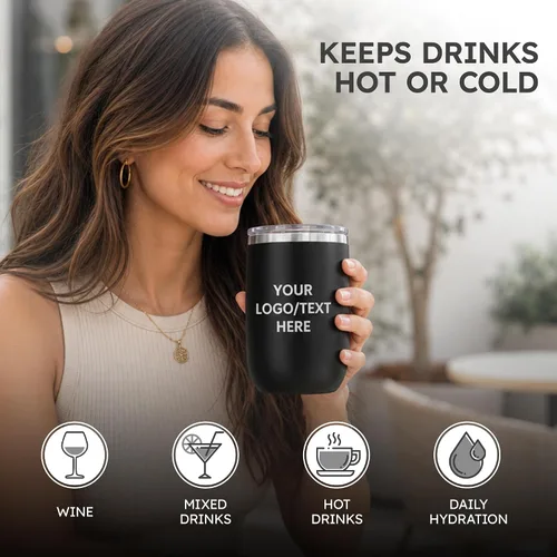 Miniatura 3 de Vaso personalizado de 12 onzas, vino sin tallo con tapa, tu logotipo grabado en Estados Unidos, tazas personalizadas de acero inoxidable