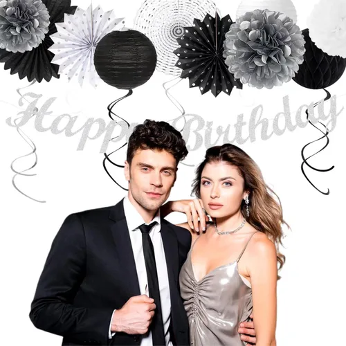 Miniatura 5 de Decoración de fiesta de cumpleaños negro blanco plateado - 21 piezas, pancarta feliz para niños y hombres, banderines de papel, linternas de panal