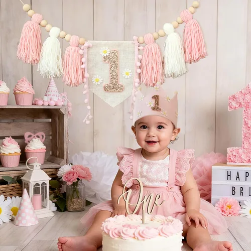 Miniatura 3 de Banner de Silla Alta con Margaritas Bohemias Primer Cumpleaños Niña Para Decoraciones de Primera Fiesta Conjunto Con Adorno de Pastel Hecho a Mano