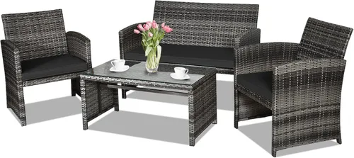 Goplus Juego de muebles de ratán de 4 piezas, sofá de conversación de mimbre para exteriores con cojines resistentes a la intemperie y mesa de Negro
