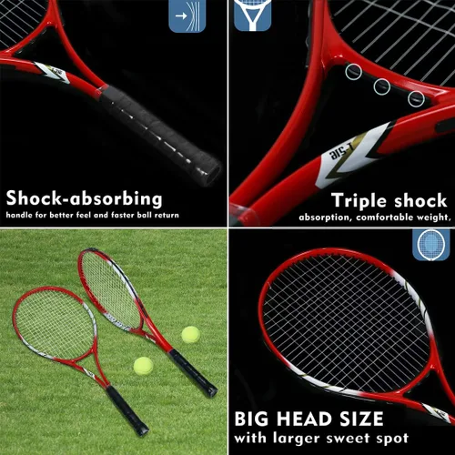Miniatura 5 de Raquetas de tenis para 2 jugadores recreativas para principiantes, juego de raquetas adultas ligeras preencordadas de 27 pulgadas para mujeres
