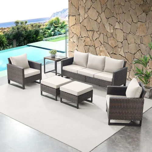 Miniatura 40 de HUMMUH Juego de 2 sillas giratorias para patio, mimbre de polietileno, para exteriores, bistró, porche, balcón, muebles con cojines Gris/gris