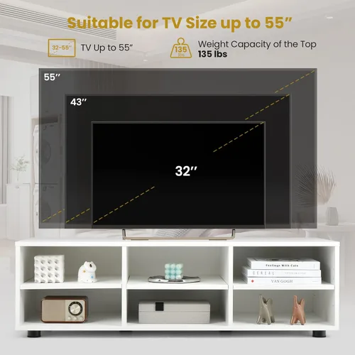 Miniatura 6 de Tangkula Soporte de TV con 6 compartimentos para televisores de hasta 55 pulgadas, centro de entretenimiento de madera blanca con 6 cubos