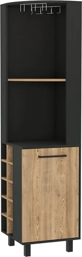 FM FURNITURE Leah Armario esquinero para bar con 2 estantes abiertos, 2 estantes interiores, estante de vidrio y 10 cubos de vino, negro/pino