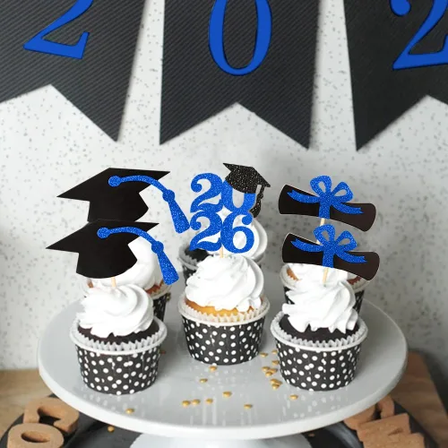 Miniatura 5 de Decoración para cupcakes de graduación con purpurina azul 2026, selecciones de alimentos/aperitivos, suministros de fiesta de graduación de 2026