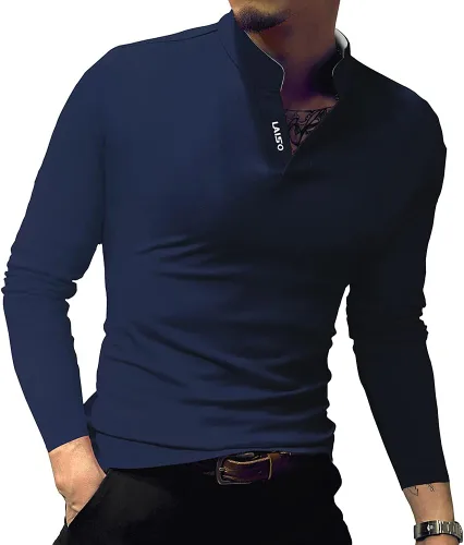 Miniatura 2 de LOGEEYAR Camisa polo de moda para hombre, de manga larga, ajustada, Henley, ropa de algodón piqué