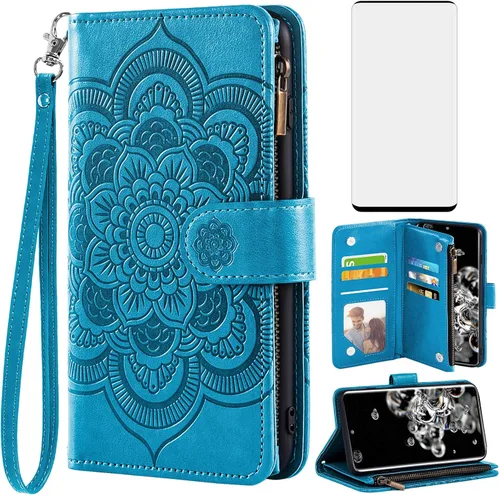 Asuwish Compatible con Samsung Galaxy S20 Ultra Glaxay S20ultra 5G - Funda tipo cartera y protector de pantalla de vidrio templado con tapa para