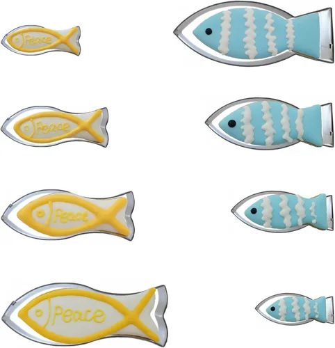 Miniatura 2 de Juego de 8 cortadores de galletas en forma de pez, cortadores de fondant de pescado de Jesús de acero inoxidable