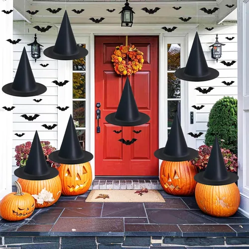 Decoraciones colgantes de Halloween para interiores y exteriores, sombreros de bruja, paquete de 8 sombreros de bruja de Halloween con cuerda de 108