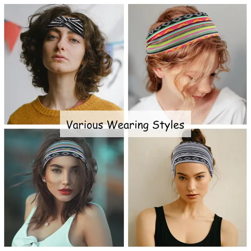 Miniatura 2 de Achiou Diademas bohemias para mujer, bandas para la cabeza anudadas para el cabello rizado para mujer, antideslizantes, bandas anchas de tela