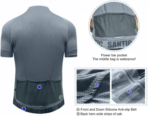Miniatura 18 de Santic Camiseta de ciclismo para hombre, manga corta, camiseta de ciclismo de carretera, cremallera completa, UPF 50+, MTB con bolsillos