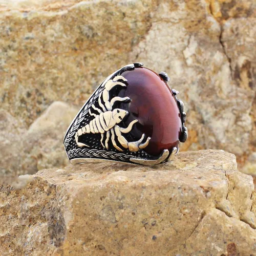 Miniatura 2 de Anillo de plata de ley 925 con ojo de tigre rojo y piedra escorpión