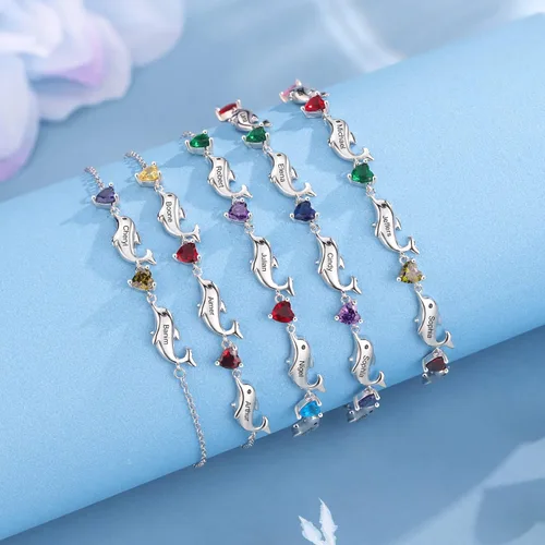 Miniatura 5 de LoraPetid Pulseras personalizadas para madre de delfín, pulseras de piedra natal de 2 a 6 nombres para mujer, pulseras de eslabones con dije