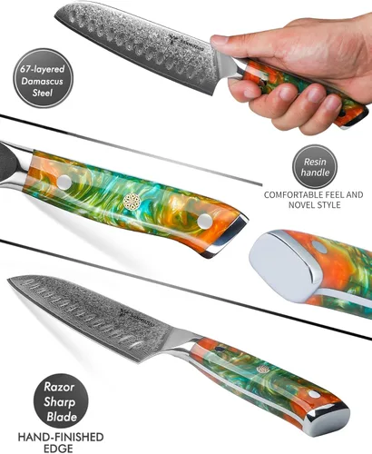 Miniatura 3 de Santoku Cuchillo de 7 pulgadas - Serie Xuan - Cuchillo de cocina de acero Damasco VG10 - Mango de resina (naranja fantasía)