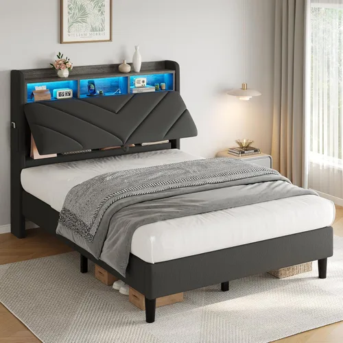 Miniatura 13 de Jocoevol Marco de cama de terciopelo tamaño twin con cabecera ergonómica, plataforma tapizada con luz LED y estación de carga, soporte de listones
